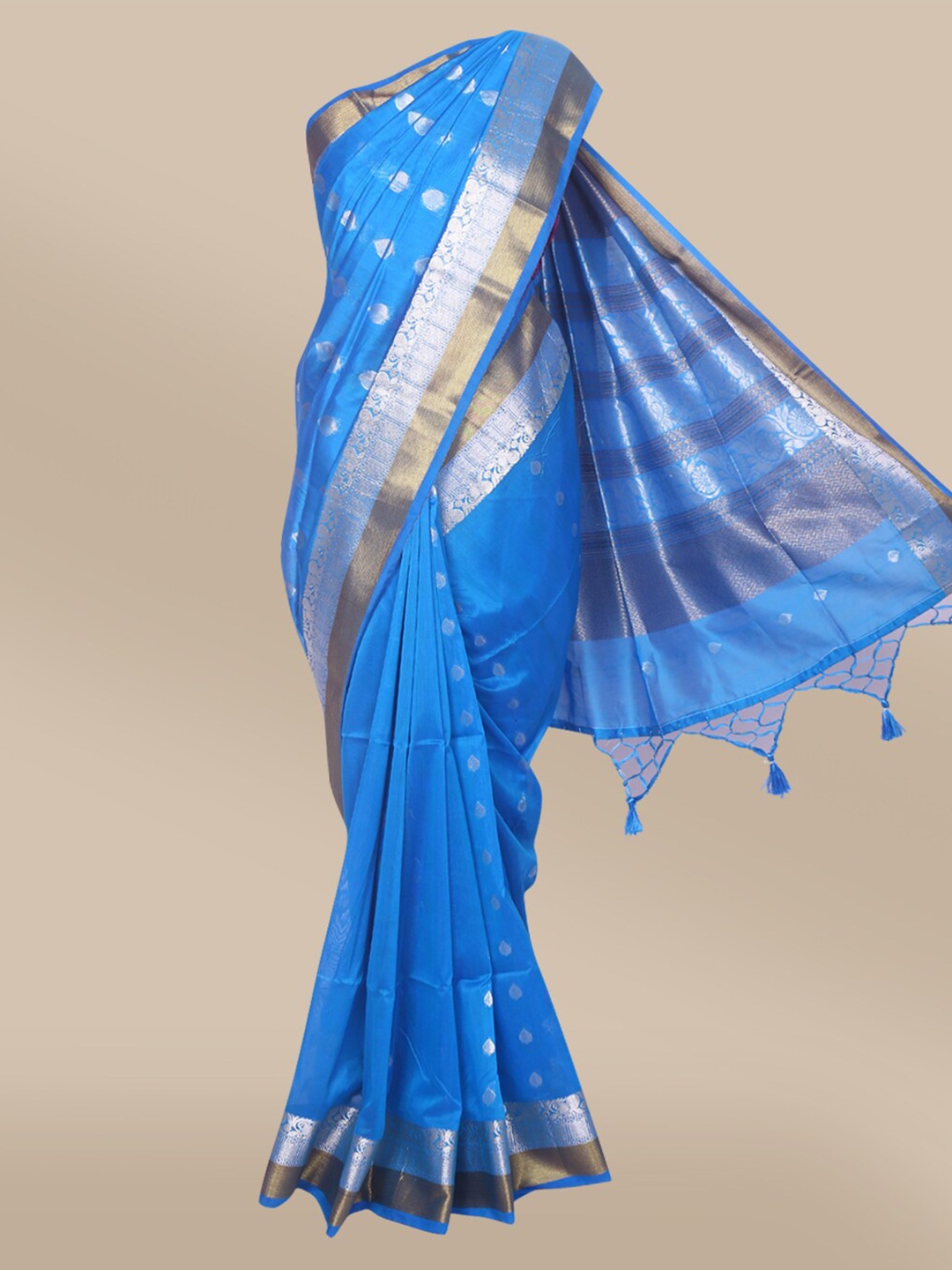 

The Chennai Silks Blue & Silver-Toned Woven Design Zari Silk Cotton Fusion Maheshwari Saree