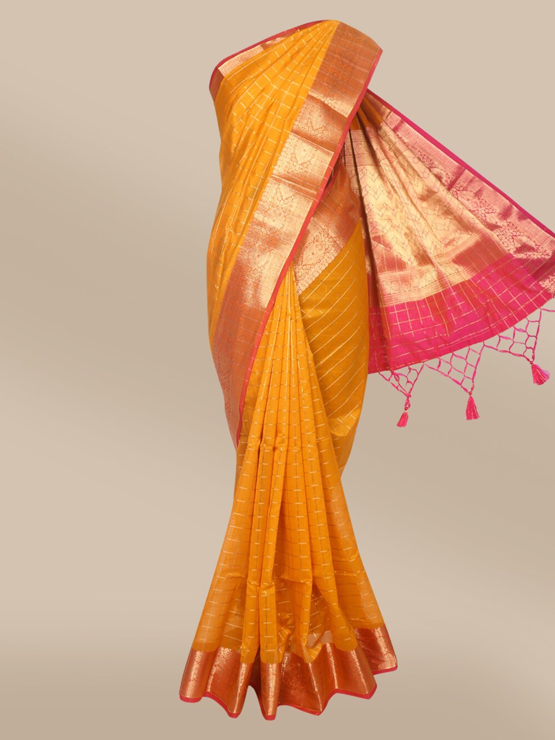 

The Chennai Silks Mustard & Pink Checked Silk Cotton Fusion Maheshwari Saree