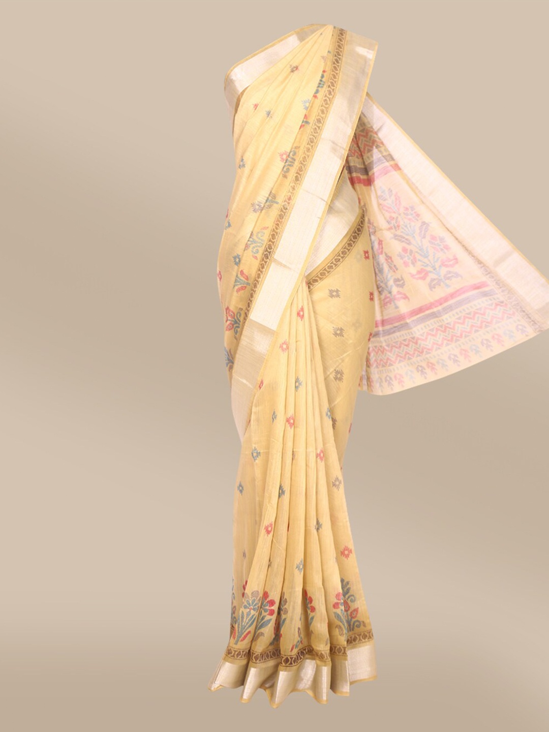 

The Chennai Silks Beige & Silver-Toned Floral Zari Fusion Bhagalpuri Saree