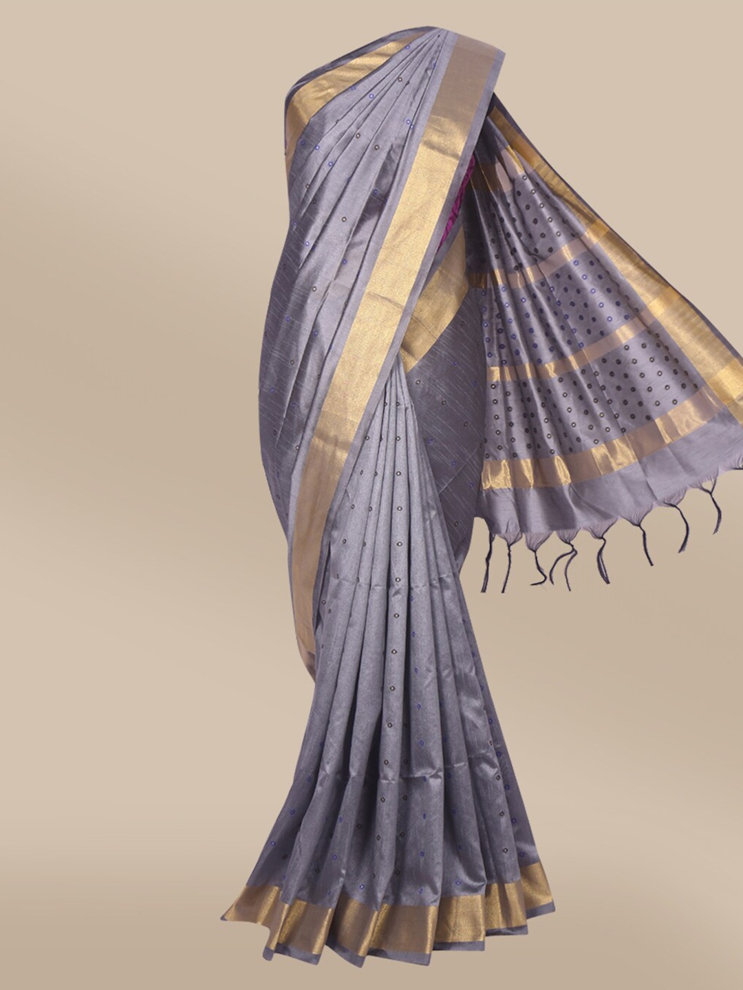 

The Chennai Silks Grey & Gold-Toned Ethnic Motifs Saree