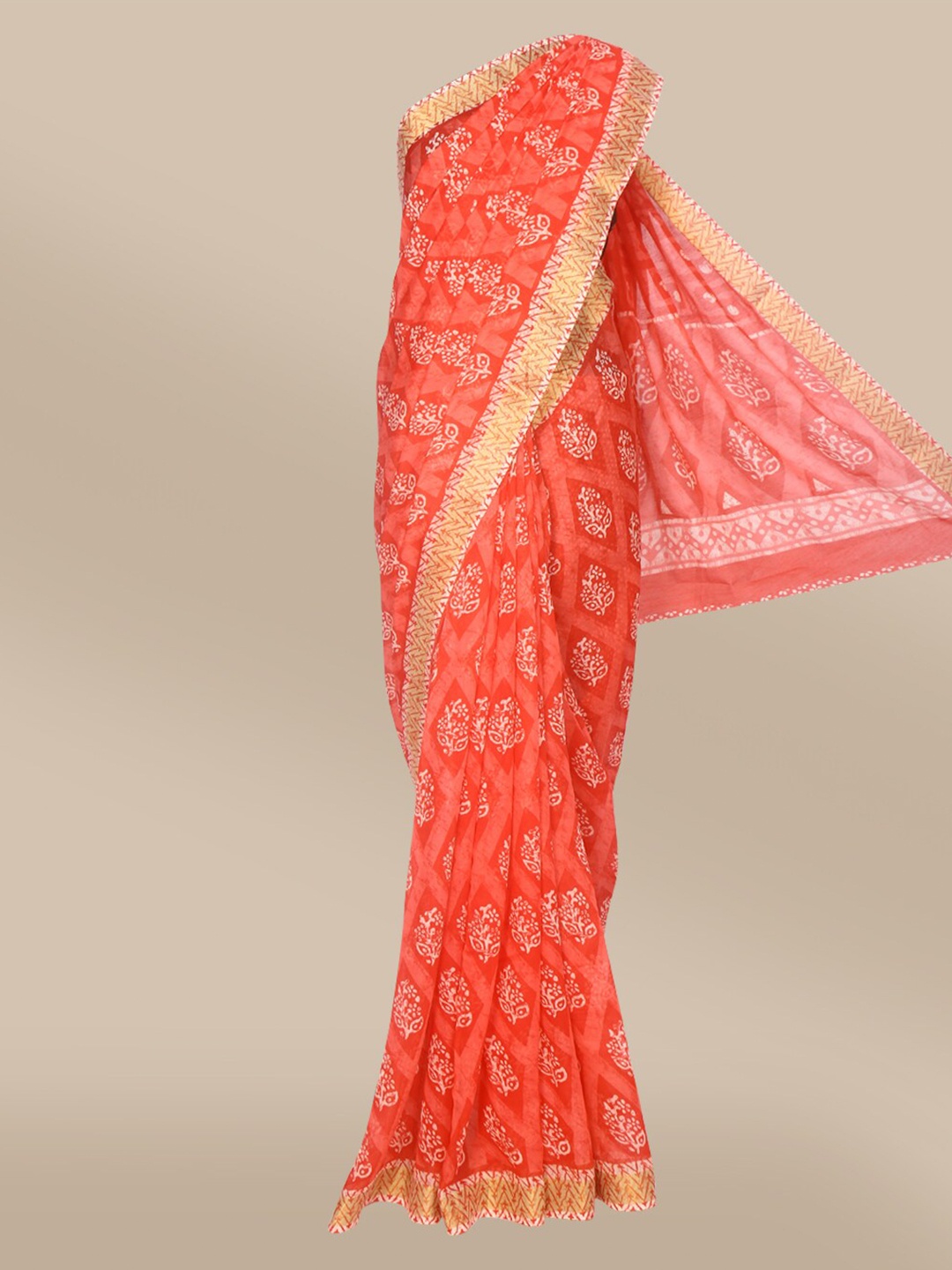 

The Chennai Silks Coral & White Ethnic Motifs Bhagalpuri Saree