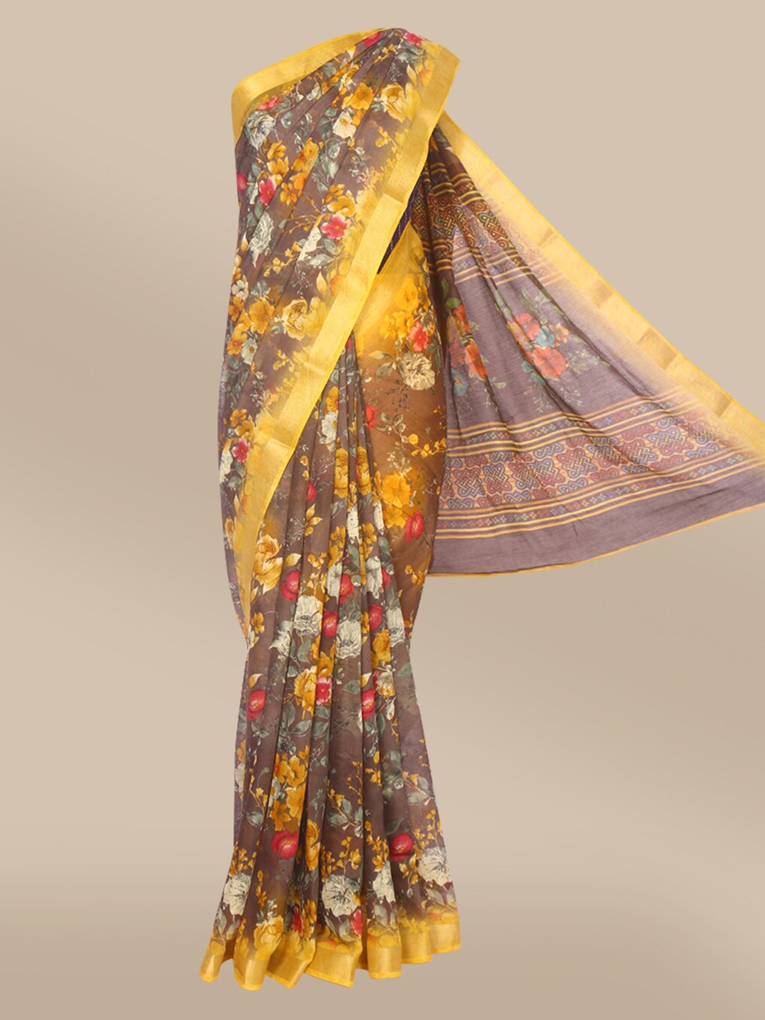 

The Chennai Silks Grey & Yellow Floral Printed Zari Border Bhagalpuri Saree