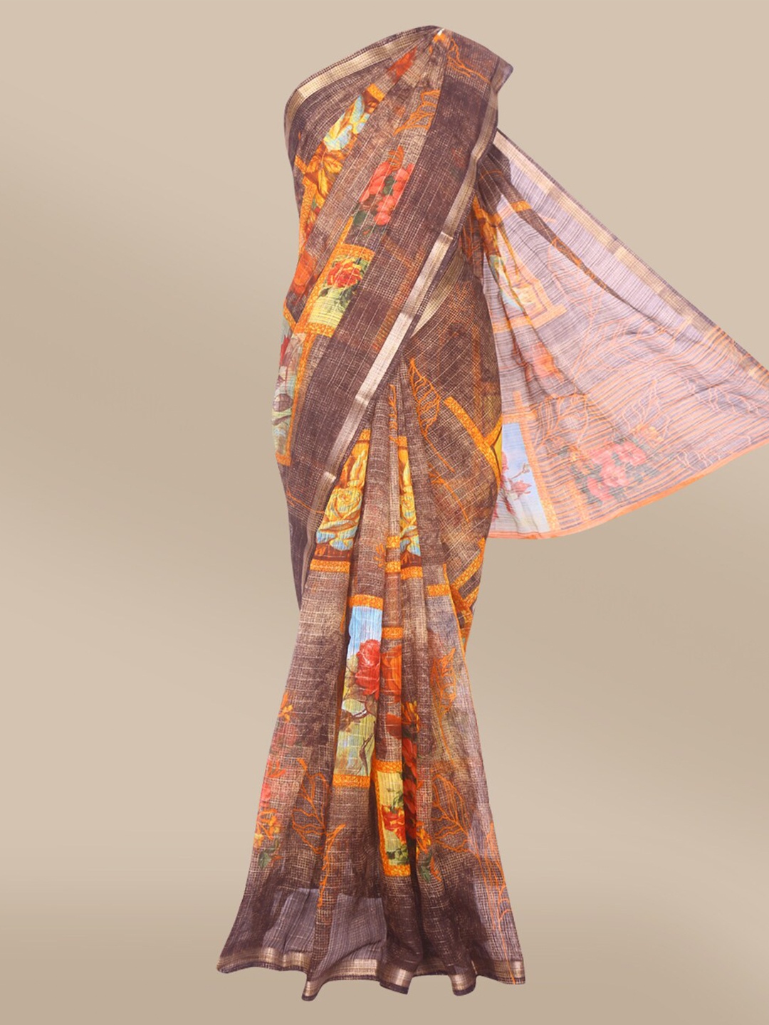 

The Chennai Silks Brown & Mustard Floral Printed Zari Border Fusion Bhagalpuri Saree