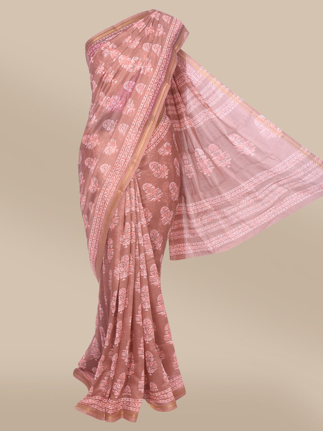 

The Chennai Silks Brown & Pink Floral Fusion Bhagalpuri Saree