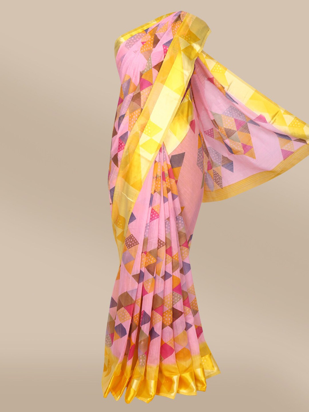 

The Chennai Silks Pink & Yellow Printed Fusion Bhagalpuri Saree