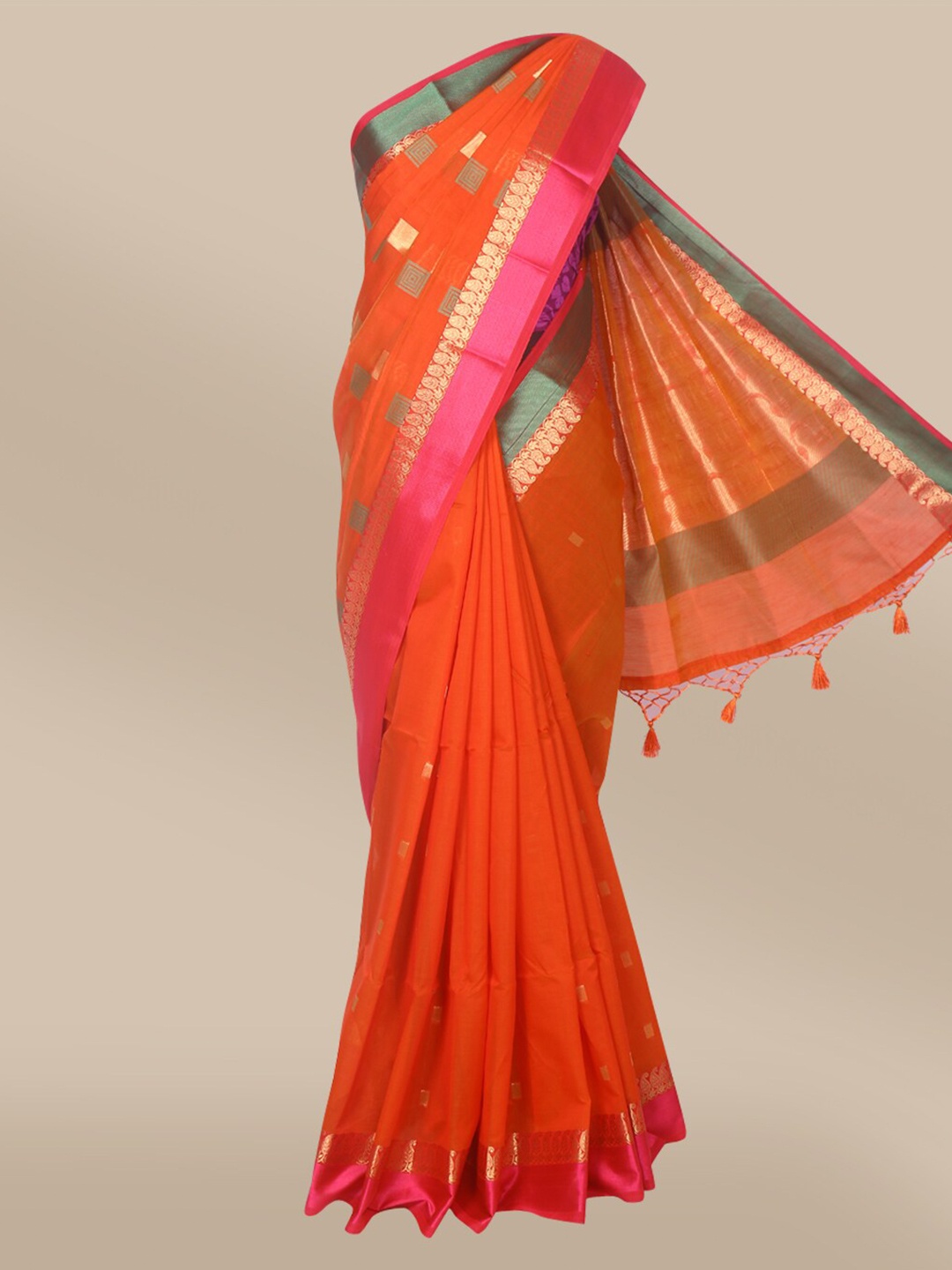 

The Chennai Silks Coral & Green Ethnic Motifs Silk Cotton Fusion Maheshwari Saree