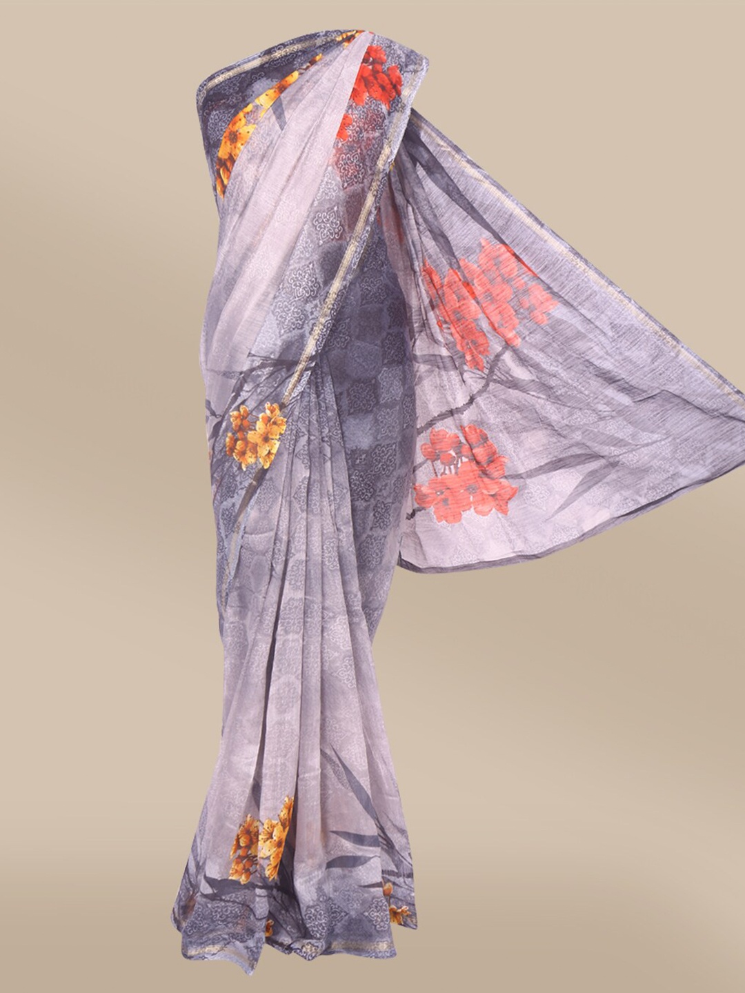 

The Chennai Silks Grey & Red Floral Fusion Bhagalpuri Saree