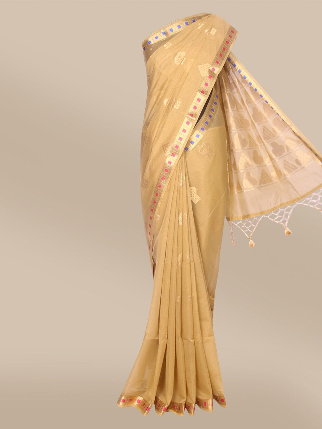

The Chennai Silks Beige & Red Woven Design Zari Silk Cotton Maheshwari Saree