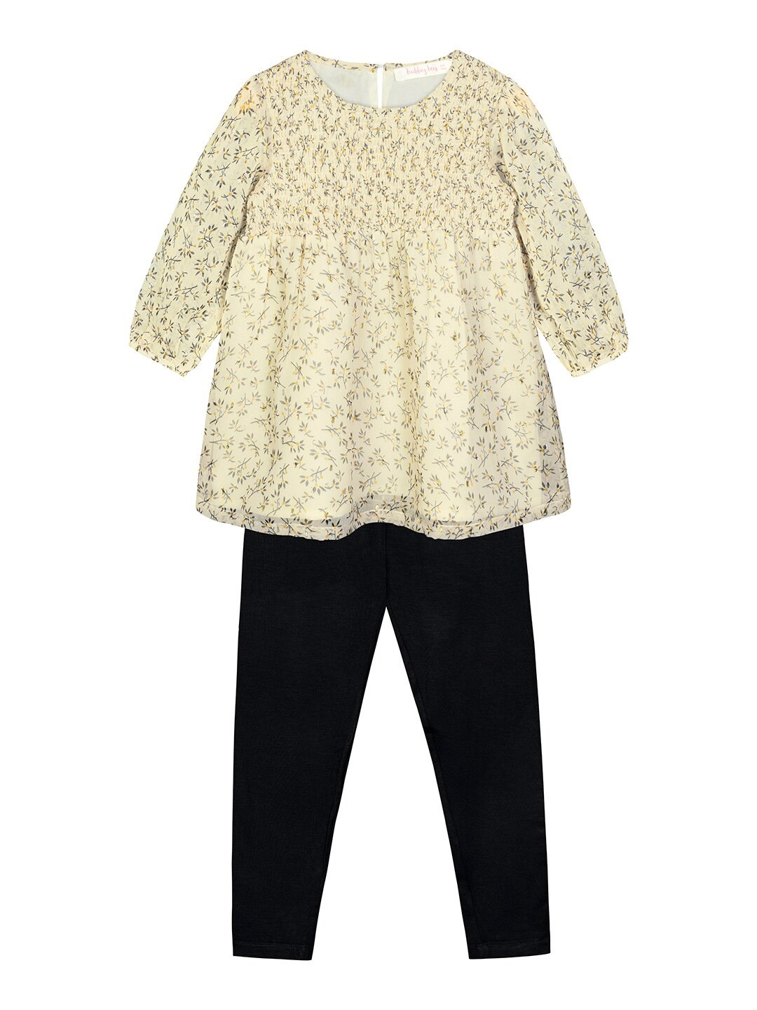 

Budding Bees Girls Off White & Black Printed Top with Leggings