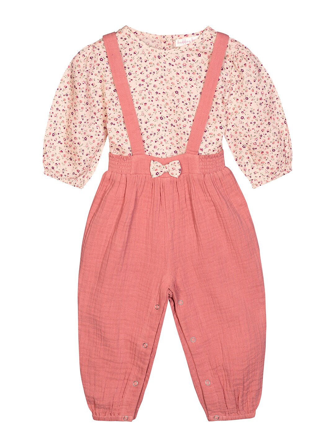 

Budding Bees Girls Pink & Maroon Printed Dungaree Set
