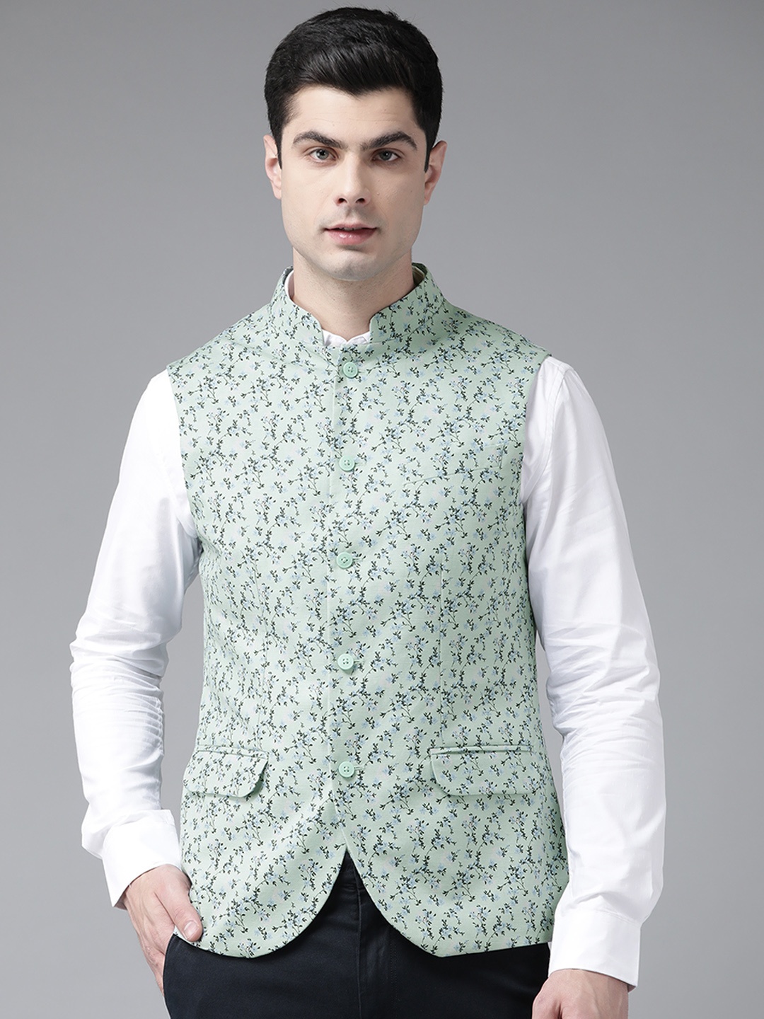 

Blackberrys Men Mint Green & Navy Blue Floral Printed Slim Fit Waistcoat