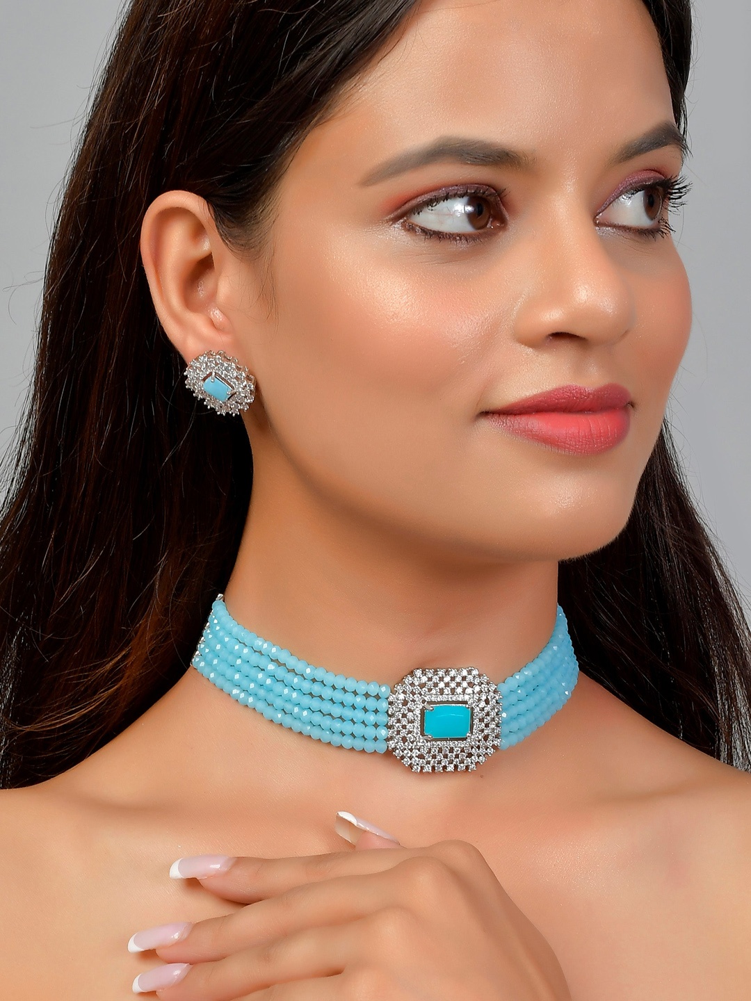 

Silvermerc Designs Silver-Plated Blue Beaded Handcrafted Jewellery Set