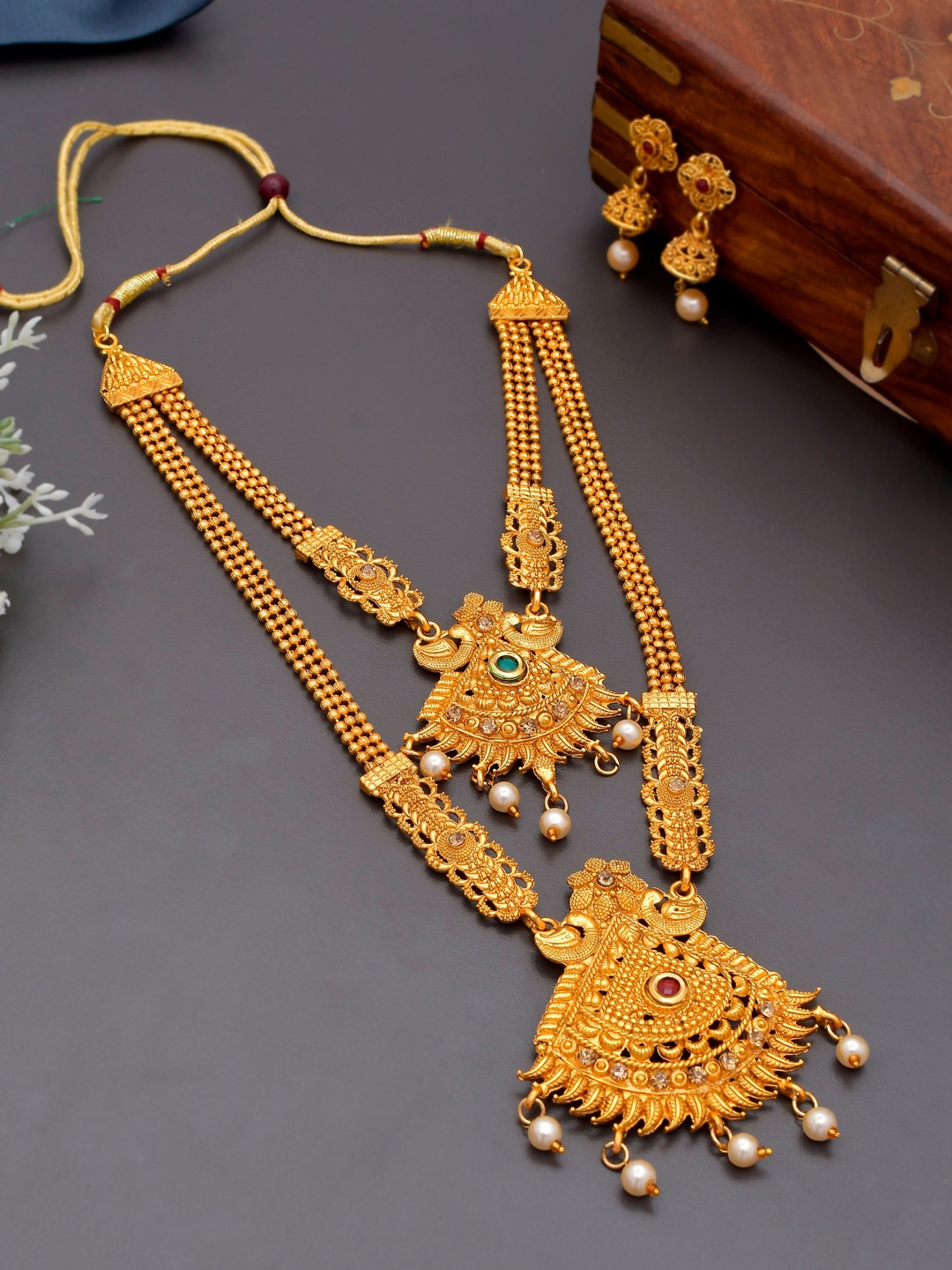 

Silvermerc Designs Gold-Plated White Stone-Studded Beaded Handcrafted Jewellery Set