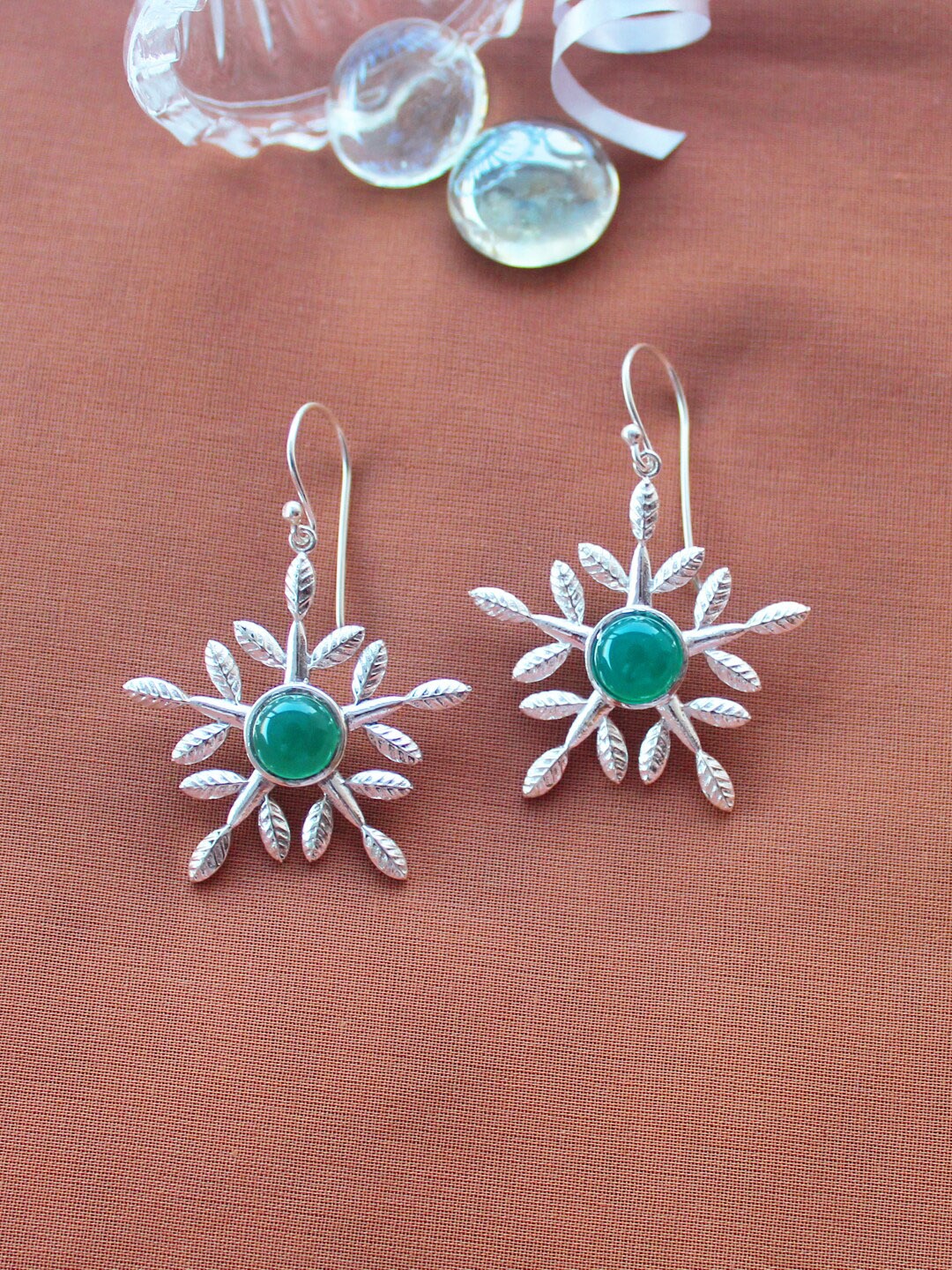 

ERILINE JEWELRY Silver-Plated Green 925 Sterling Silver Floral Drop Earrings