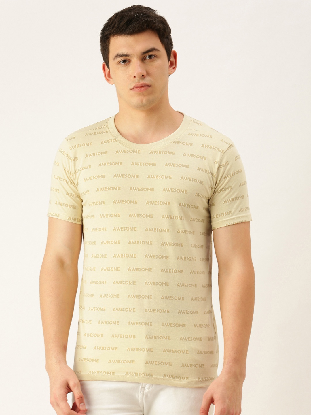 

FOREVER 21 Men Brown Typography Printed Round Neck T-shirt