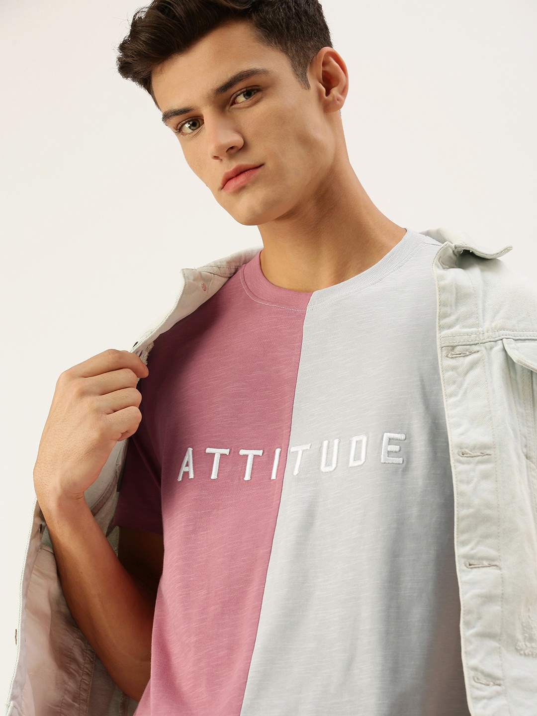 

FOREVER 21 Men Rose & Grey Colourblocked And Typography Printed Pure Cotton T-shirt