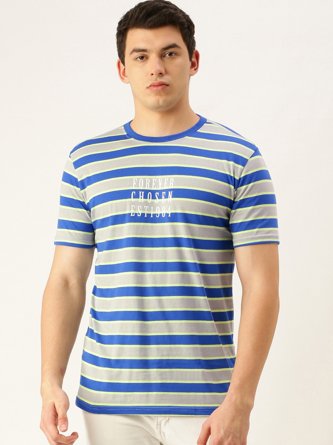 

FOREVER 21 Men Blue & Grey Striped Round Neck T-shirt