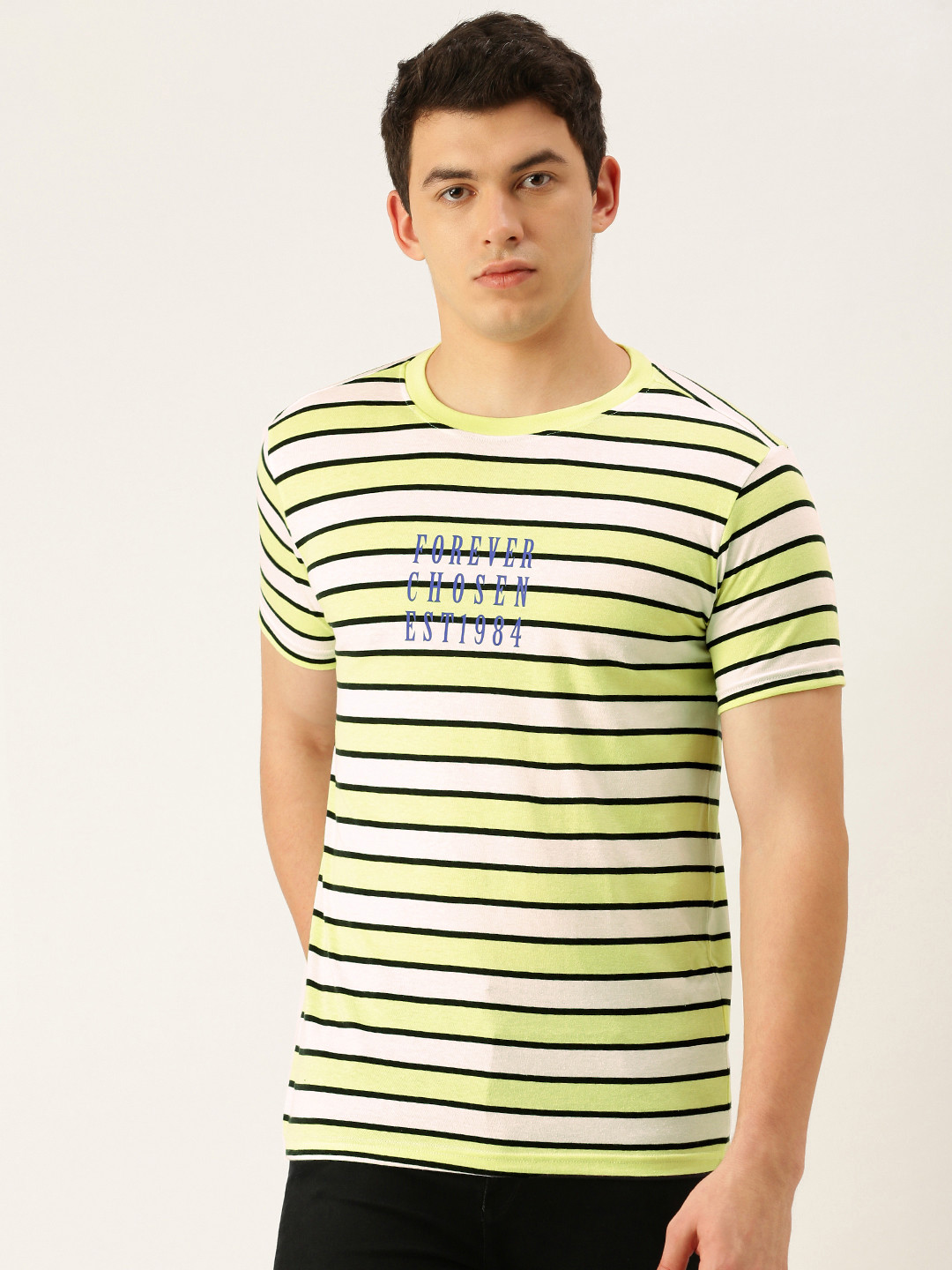 

FOREVER 21 Men Yellow & White Striped Round Neck T-shirt