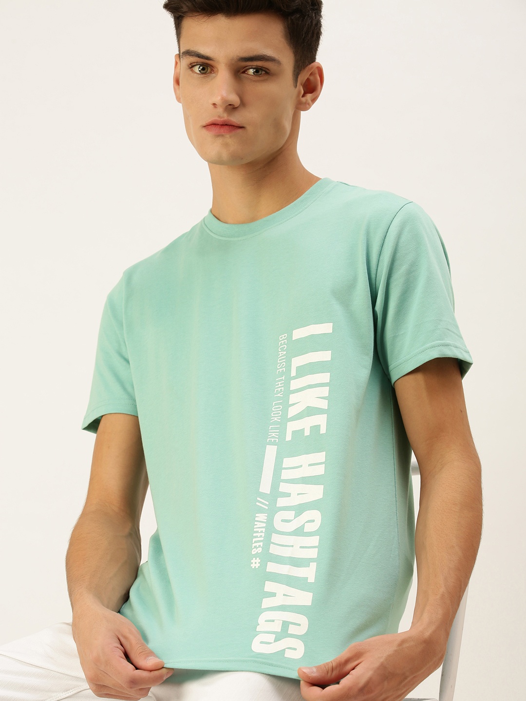 

FOREVER 21 Men Light Blue Typography Printed Casual T-shirt