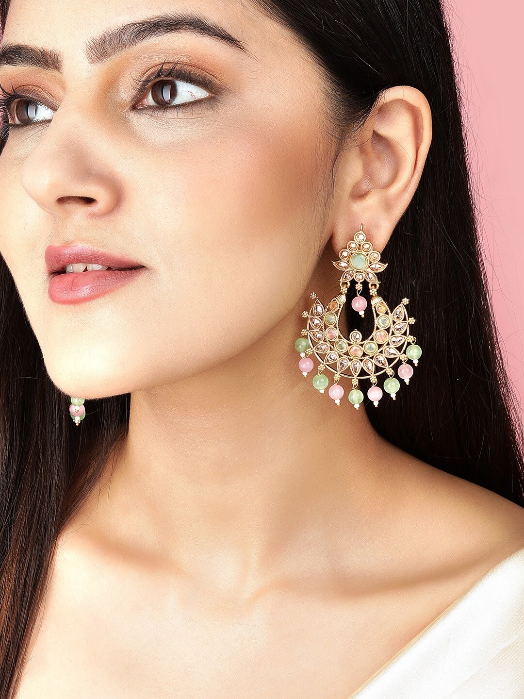 

Rubans Woman Gold-Toned Pastel Beads Crescent Shaped Chandbalis Earrings