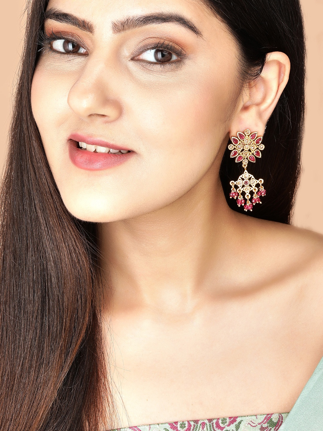 

Rubans Gold-Toned & Red Ruby Studded Drop Earrings