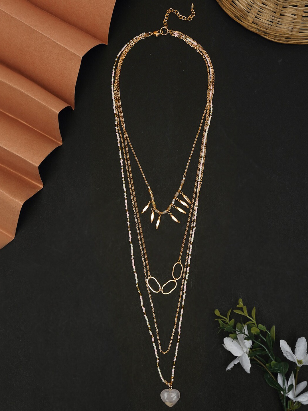 

Madame Rose Gold-Plated & White Seed Bead Layered Onyx Stone Studded Necklace