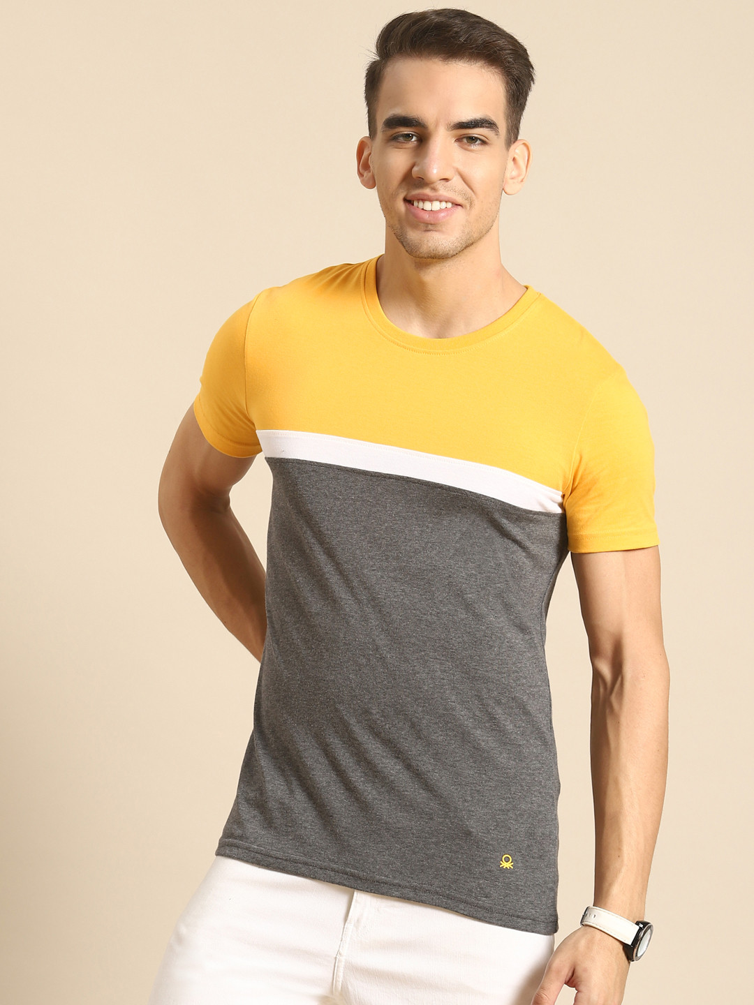 

United Colors of Benetton Men Mustard Yellow & Charcoal Colourblocked T-shirt