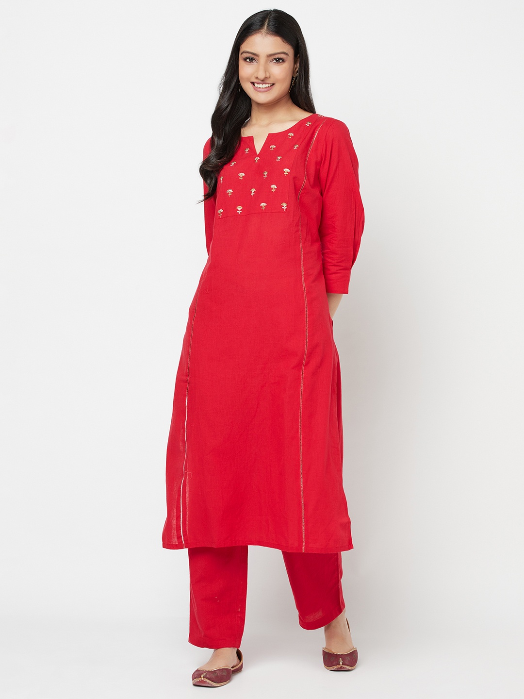 

Fabindia Women Red & Golden Cotton Yoke Design Kurta with Trousers