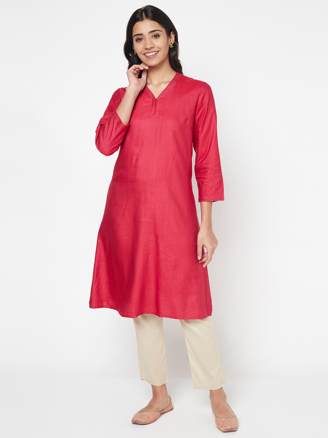 

Fabindia Women Fuchsia Pink Solid A-Line Kurta