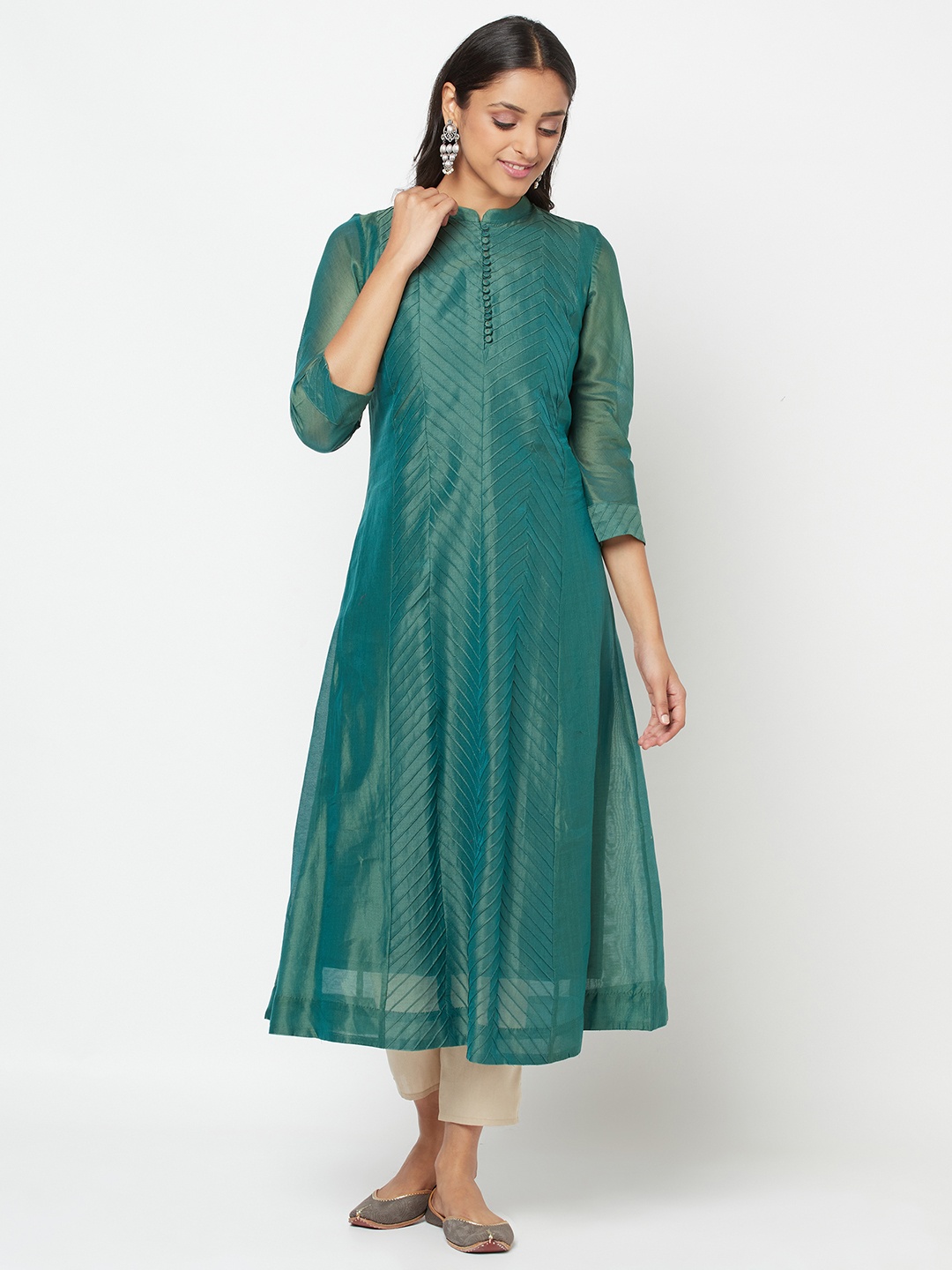 

Fabindia Women Green Self-Striped Pin Tucks A-Line Kurta