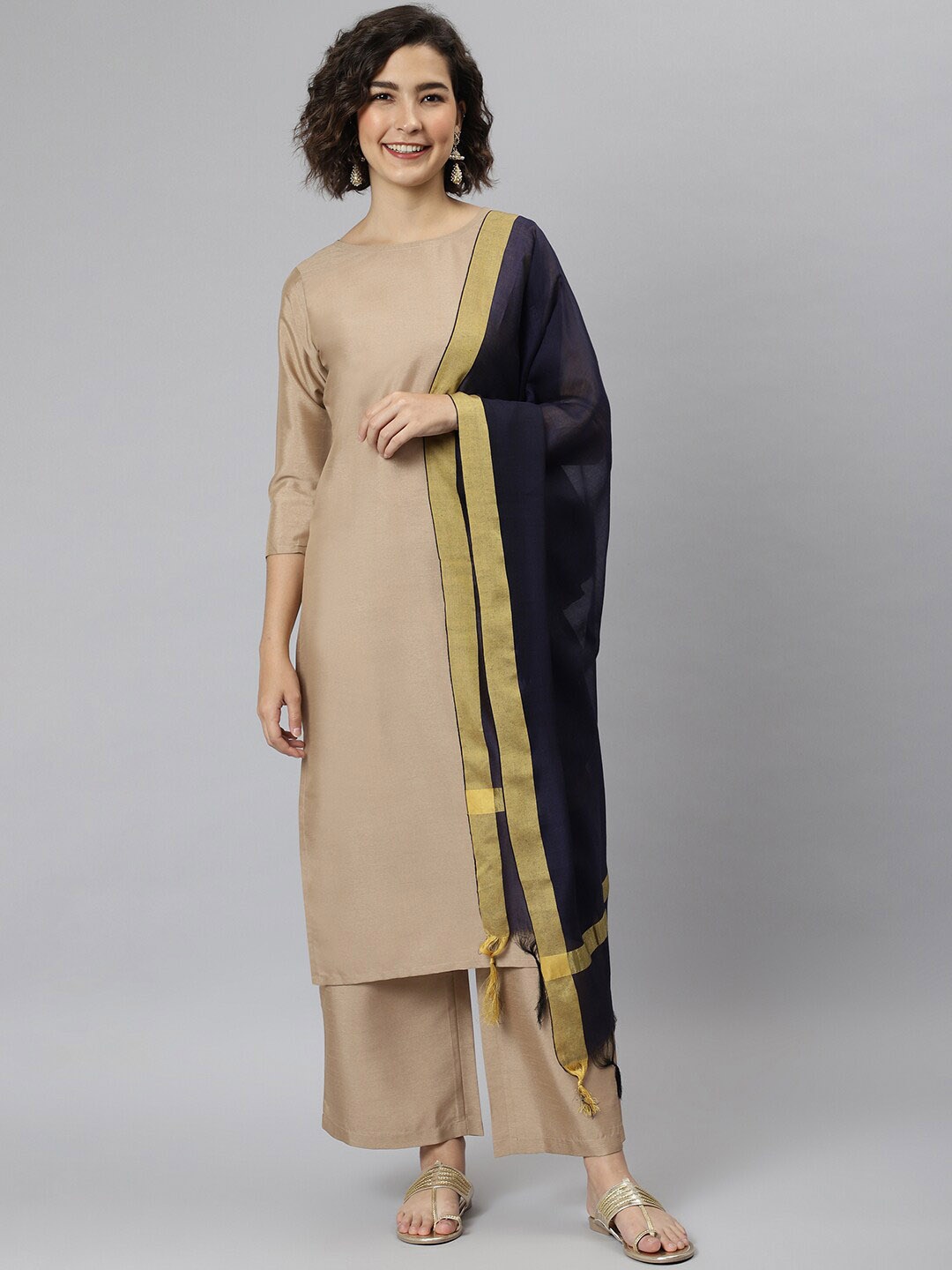 

Janasya Women Beige Regular Kurti with Palazzos & With Dupatta