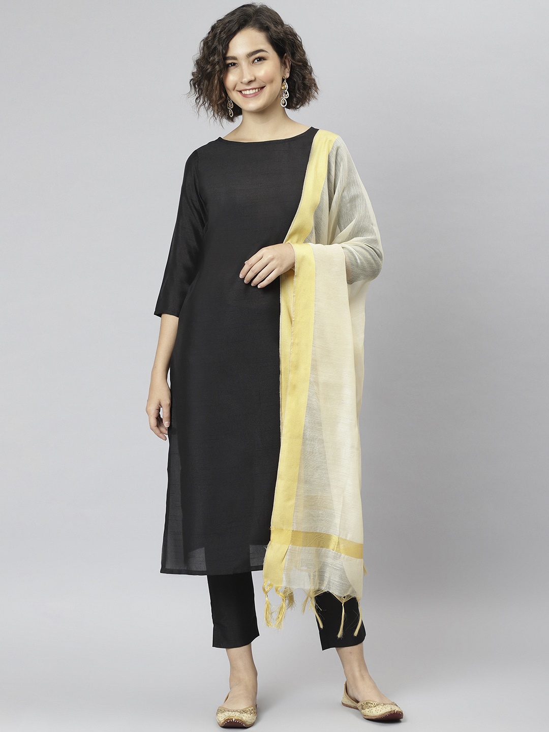 

Janasya Women Black Solid Panelled Kurti with Trousers & With Dupatta