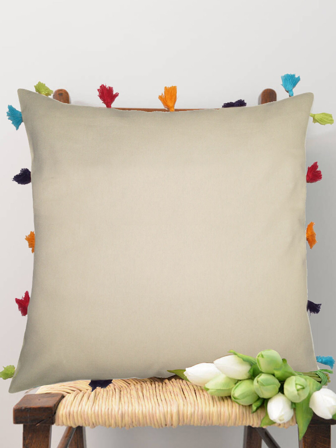 

Lushomes Set of 3 Off White Pure Cotton Square Cushion Covers With Tassels