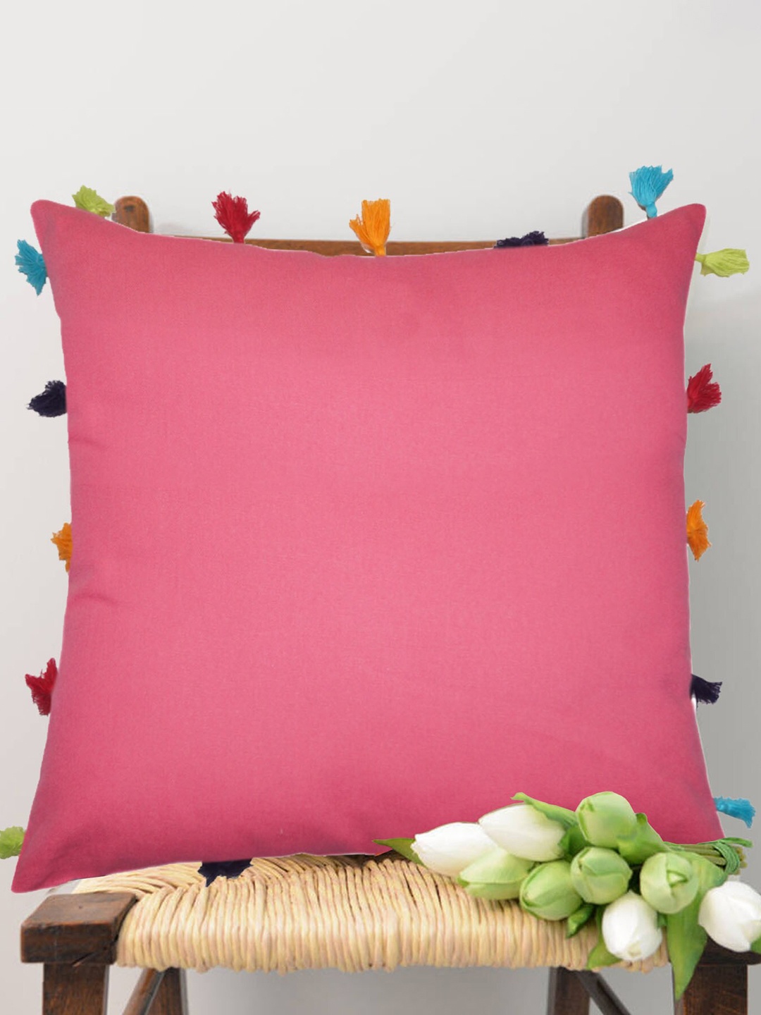 

Lushomes Pink Set of 3 Square Pure Cotton Cushion Covers with Tassels