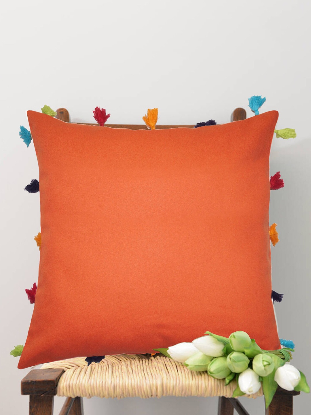 

Lushomes Set of 5 Square Orange Cotton Cushion Covers With Multicolored Tassels