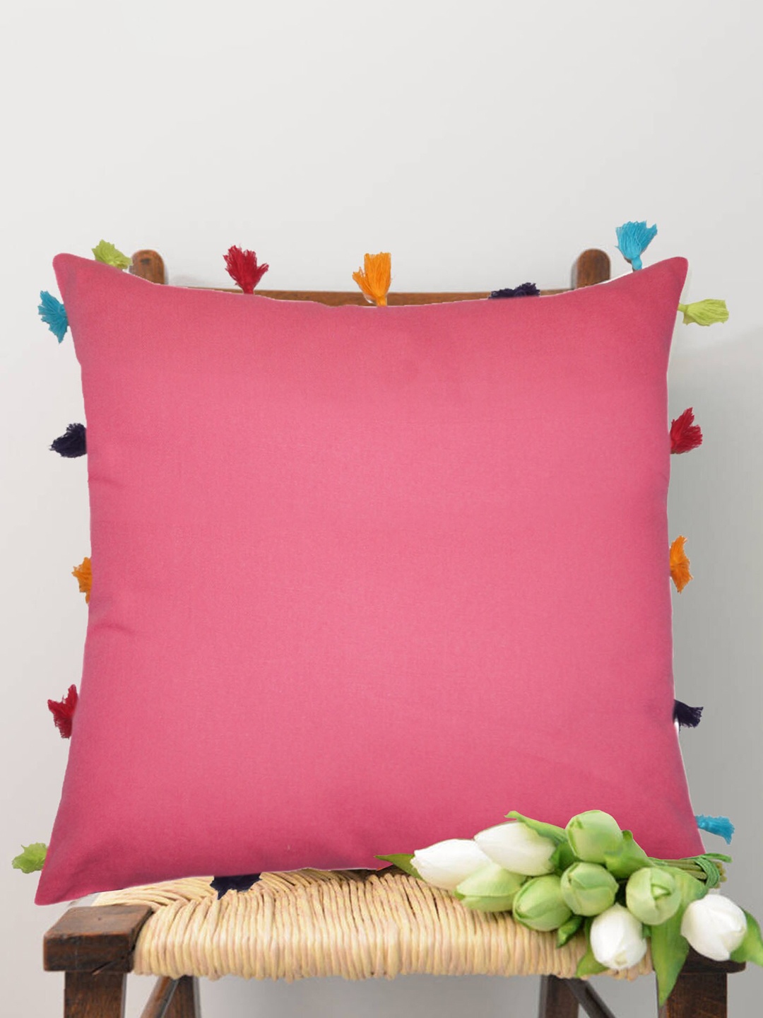 

Lushomes Pink & Orange Square Pure Cotton Cushion Covers with Tassels