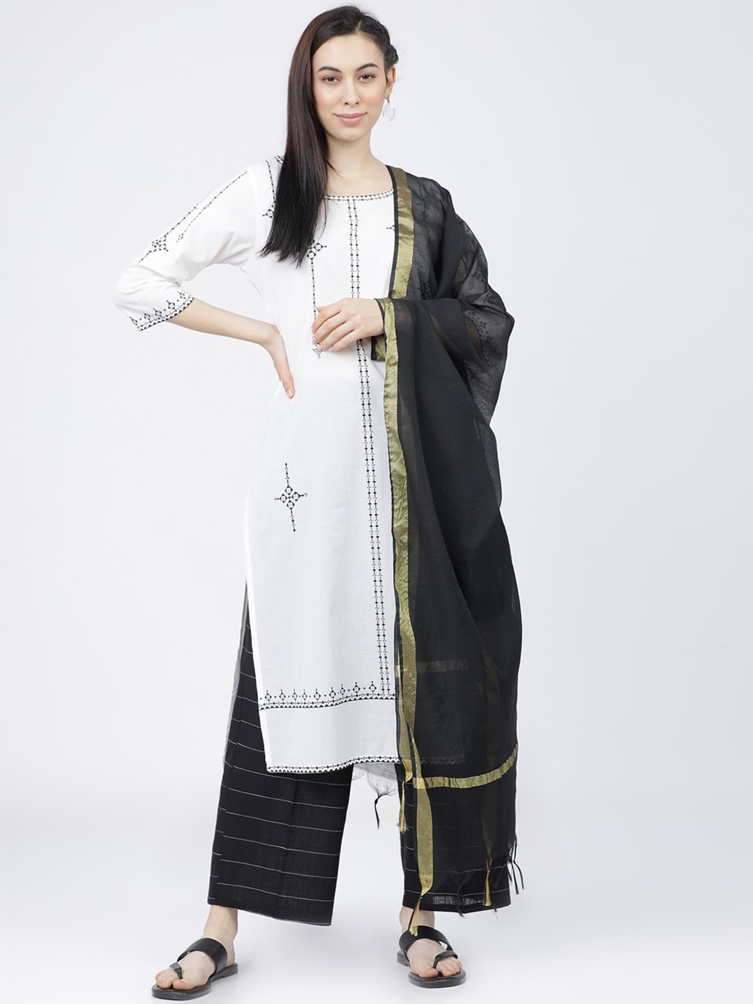 

Vishudh Women Off White Ethnic Motifs Printed Regular Pure Cotton Kurta with Palazzos & With Dupatta