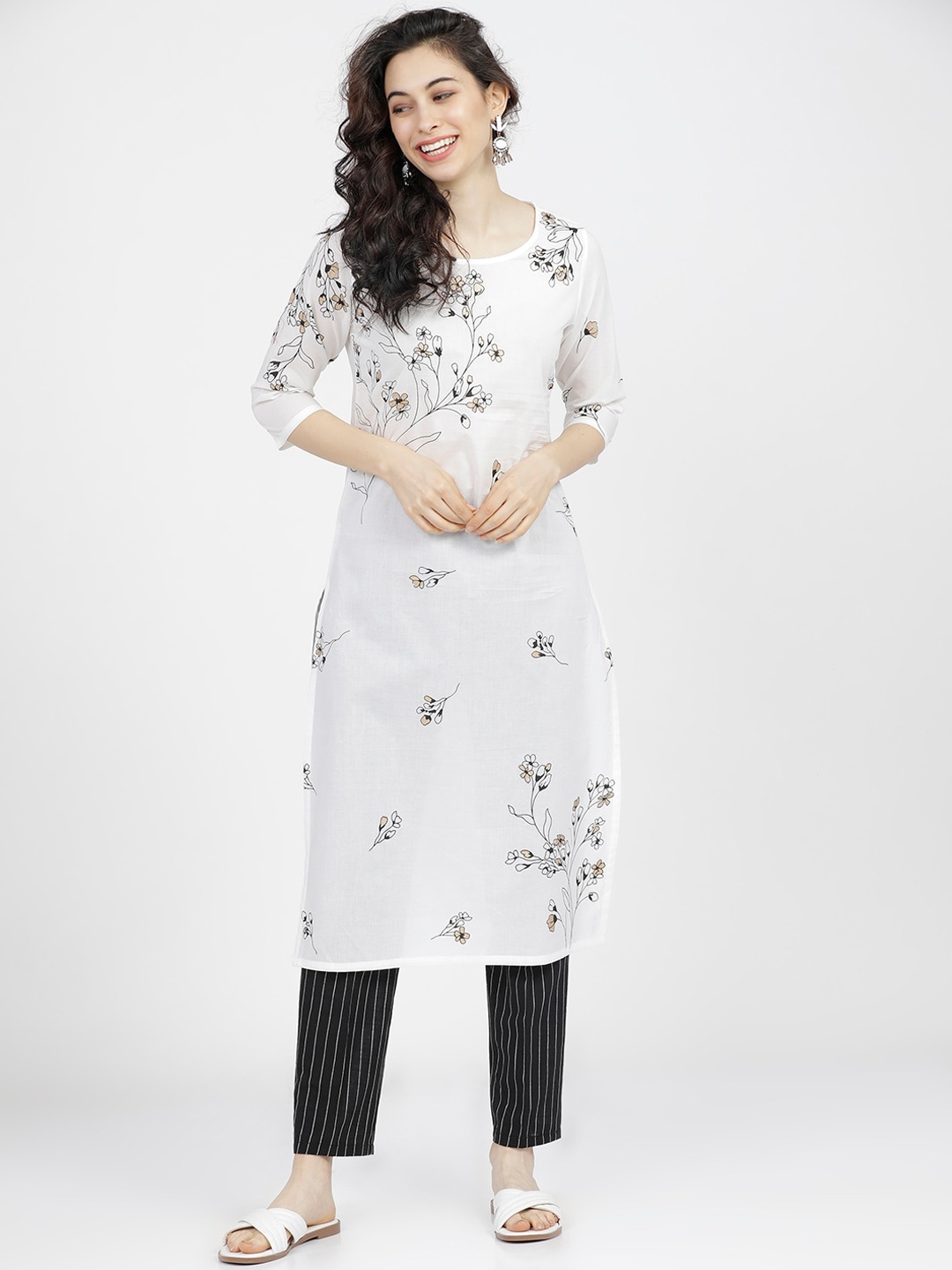 

Vishudh Women Off White Floral Embroidered Regular Pure Cotton Kurta with Trousers