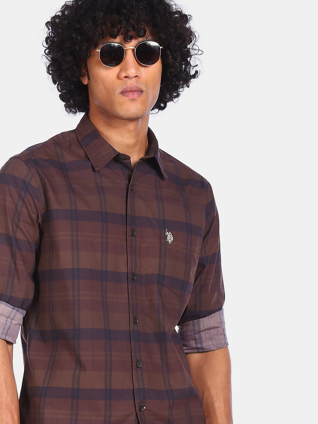 

U S Polo Assn Men Brown Opaque Checked Casual Shirt