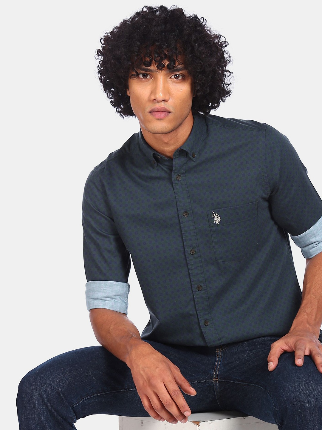 

U S Polo Assn Men Green Opaque Printed Casual Shirt