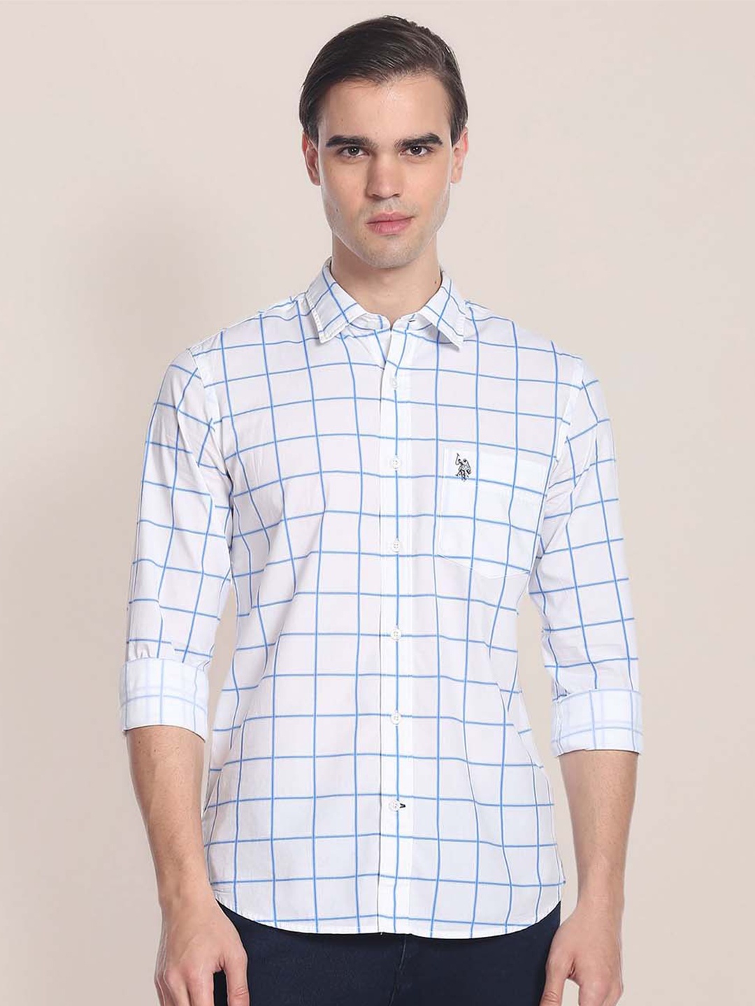 

U S Polo Assn Men White Windowpane Checks Opaque Checked Casual Shirt