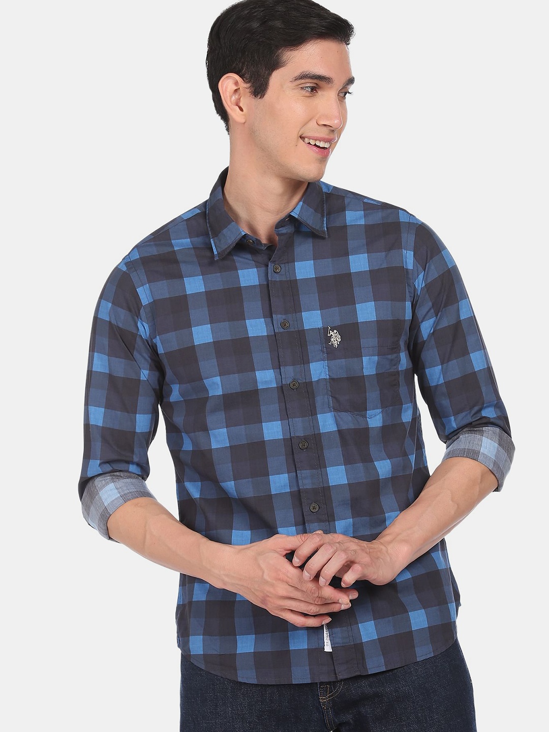 

U S Polo Assn Men Blue Opaque Checked Pure Cotton Casual Shirt