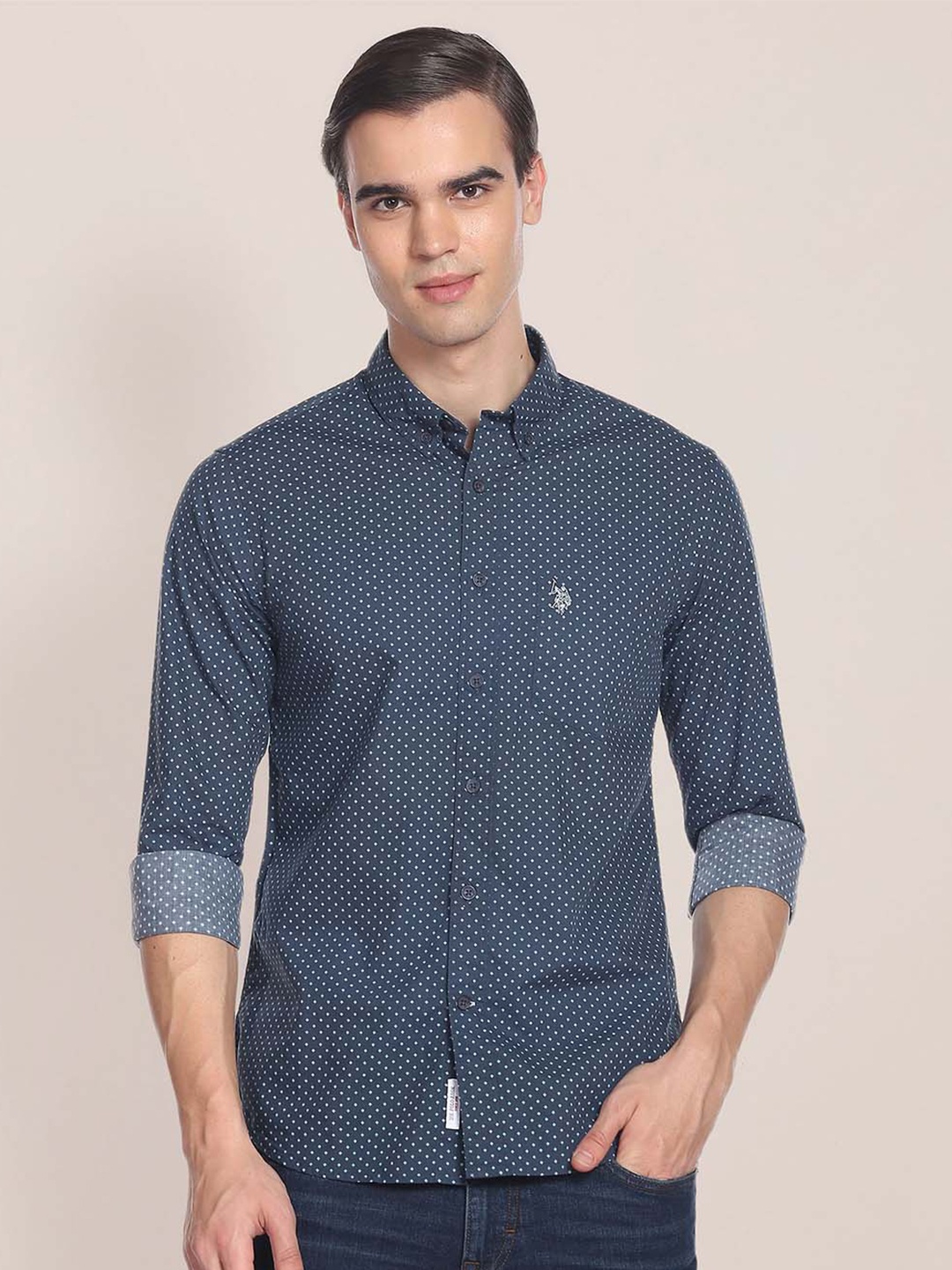 

U S Polo Assn Men Blue Opaque Printed Casual Cotton Shirt