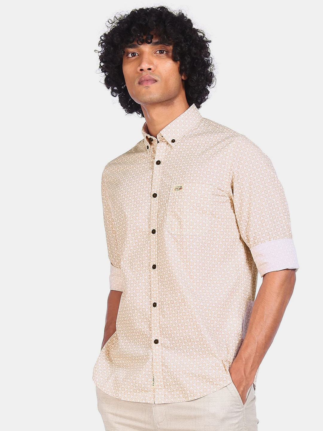 

U.S. Polo Assn. Denim Co. Men Beige Pure Cotton Opaque Printed Casual Shirt