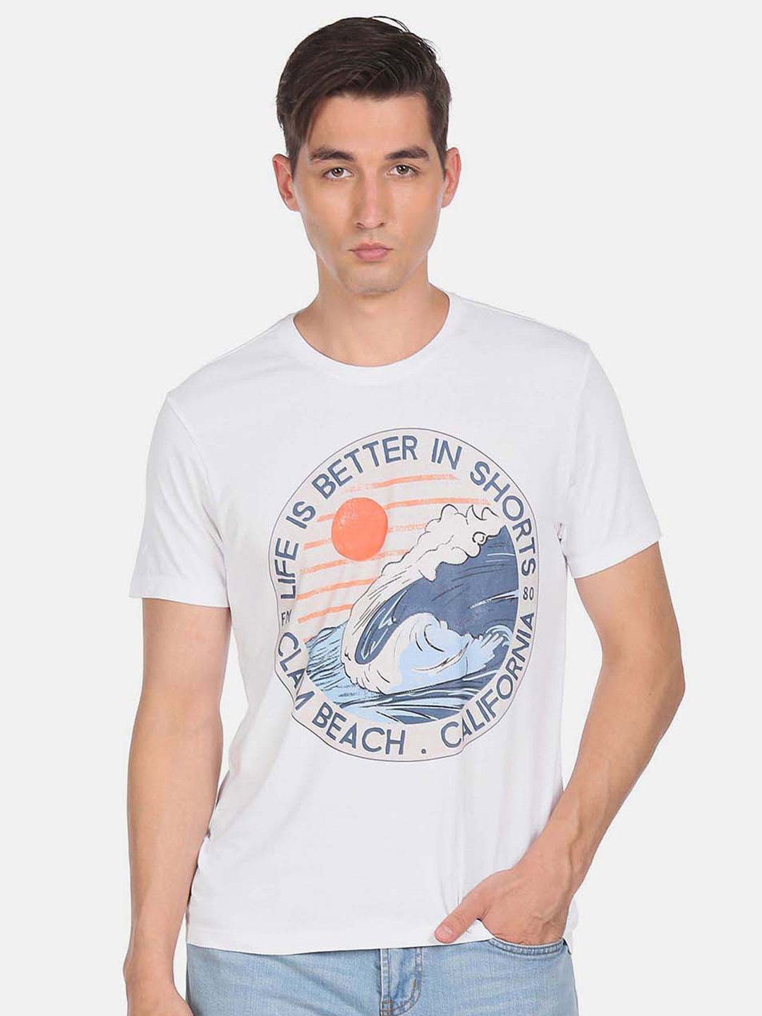 

Flying Machine Men White & Blue Pure Cotton Printed T-shirt