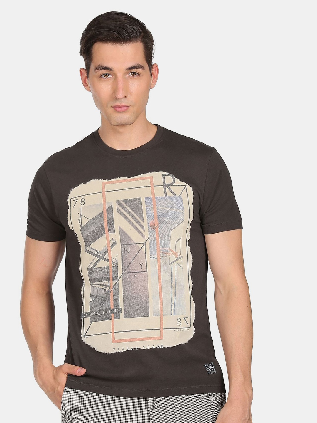 

Flying Machine Men Grey Printed Cotton T-shirt