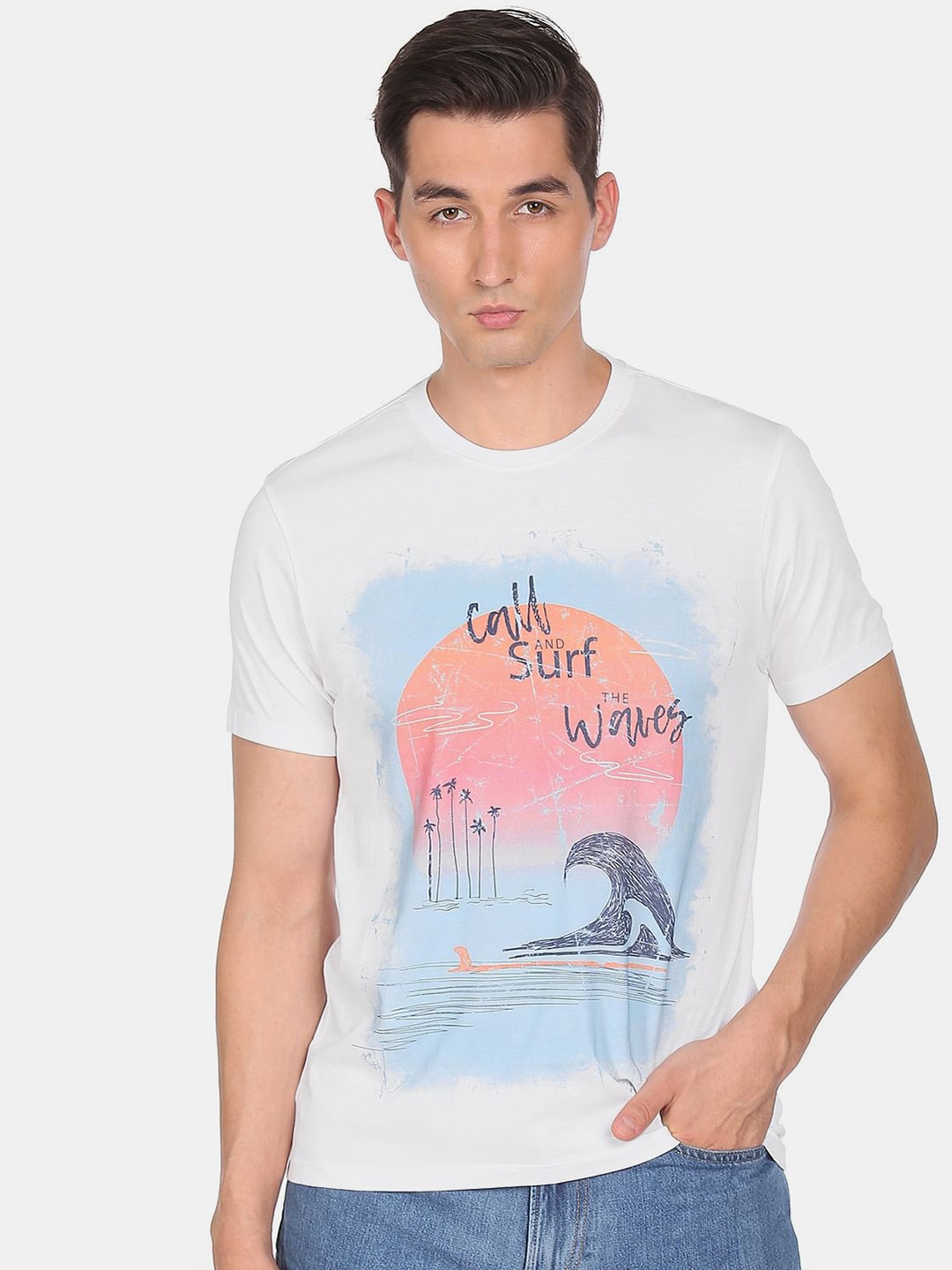 

Flying Machine Men White & Blue Printed Pure Cotton T-shirt