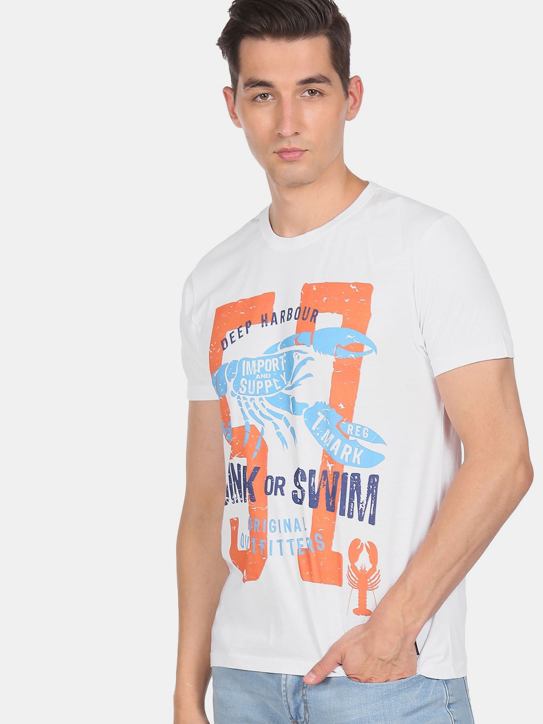 

Flying Machine Men White Printed Cotton T-shirt