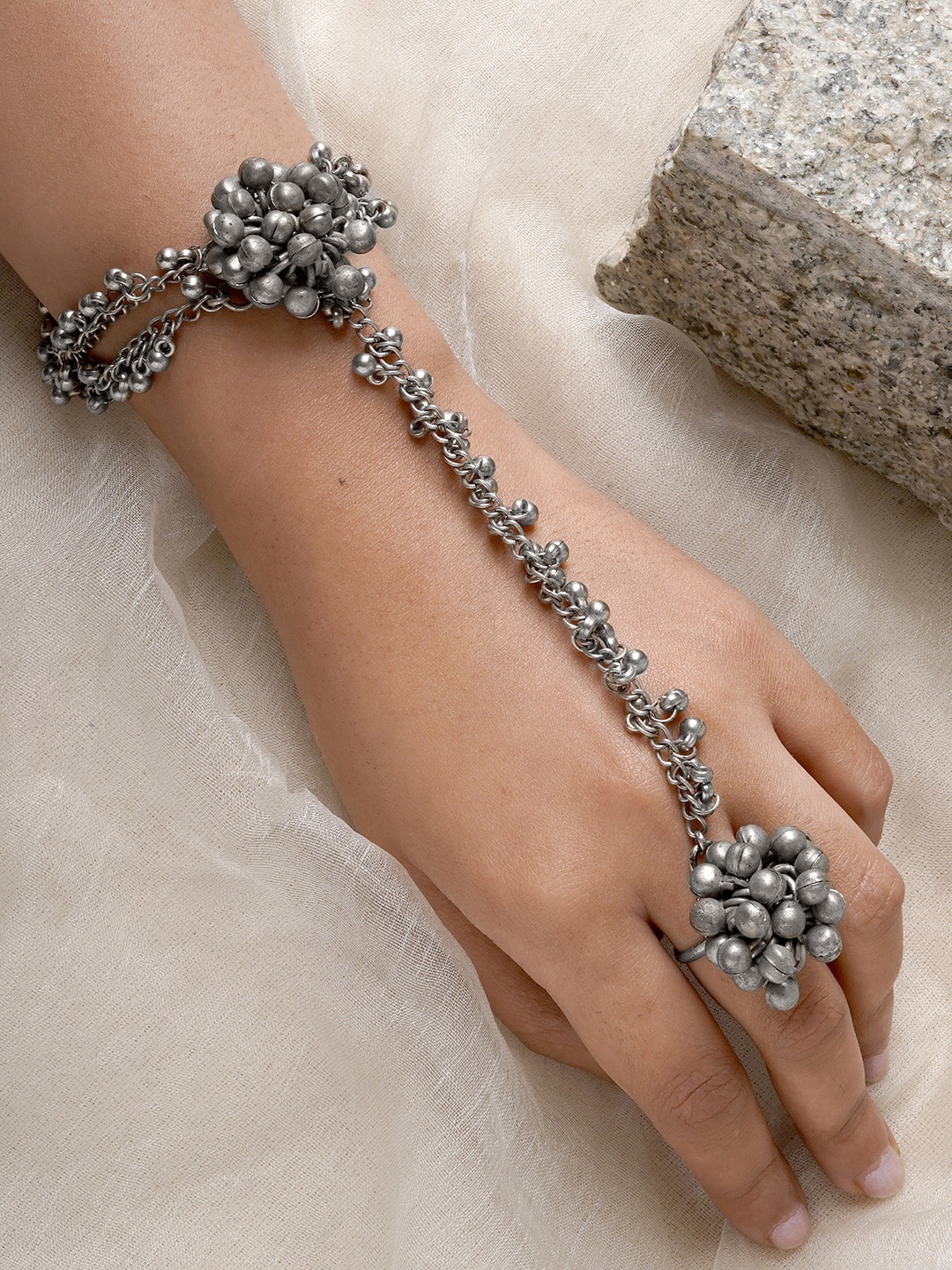 

TEEJH Oxidised Silver-Plated Bangle With Finger Ring