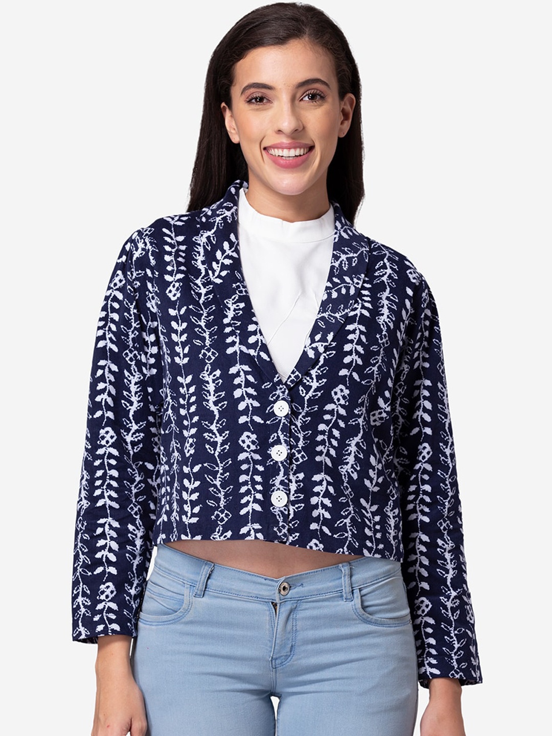 

DEEBACO Women Blue & White Printed Pure Cotton Comfort-Fit Blazer, Navy blue